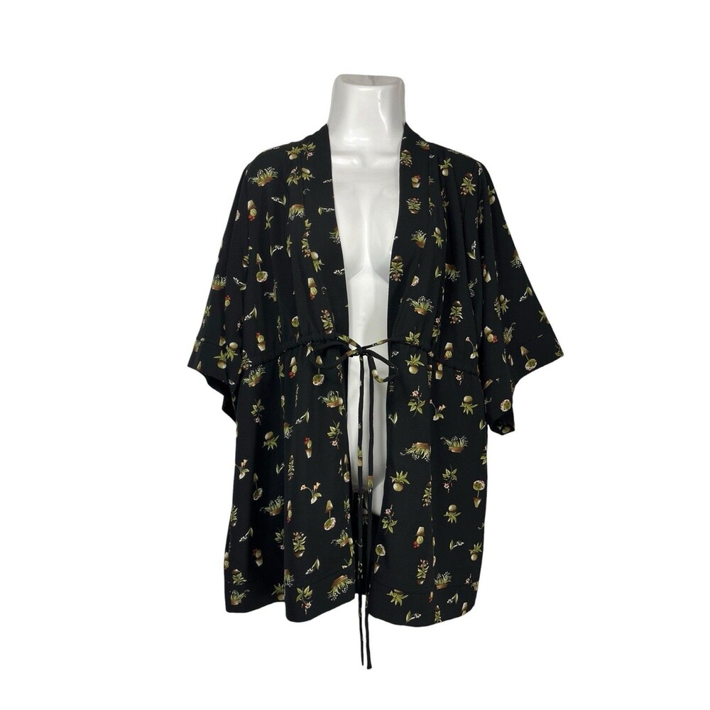 Kiyonna 0X Plus Size Kimono Cardigan Wrap Black Potted Plant Garden Cover Up Top
